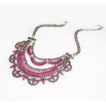 Neon Pink Crystal Spike Scalloped Bib Necklace